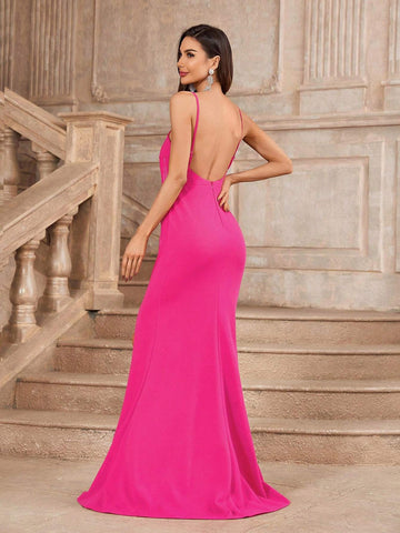 Gorgeous Rhinestone Shoulder Strap V-Neck Cup Mermaid Fishtail Dress With Slit, Ruched Hemline For Evening Party