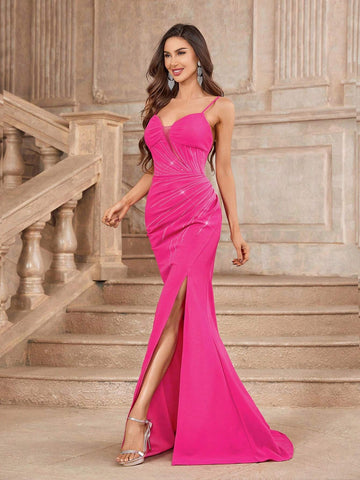 Gorgeous Rhinestone Shoulder Strap V-Neck Cup Mermaid Fishtail Dress With Slit, Ruched Hemline For Evening Party