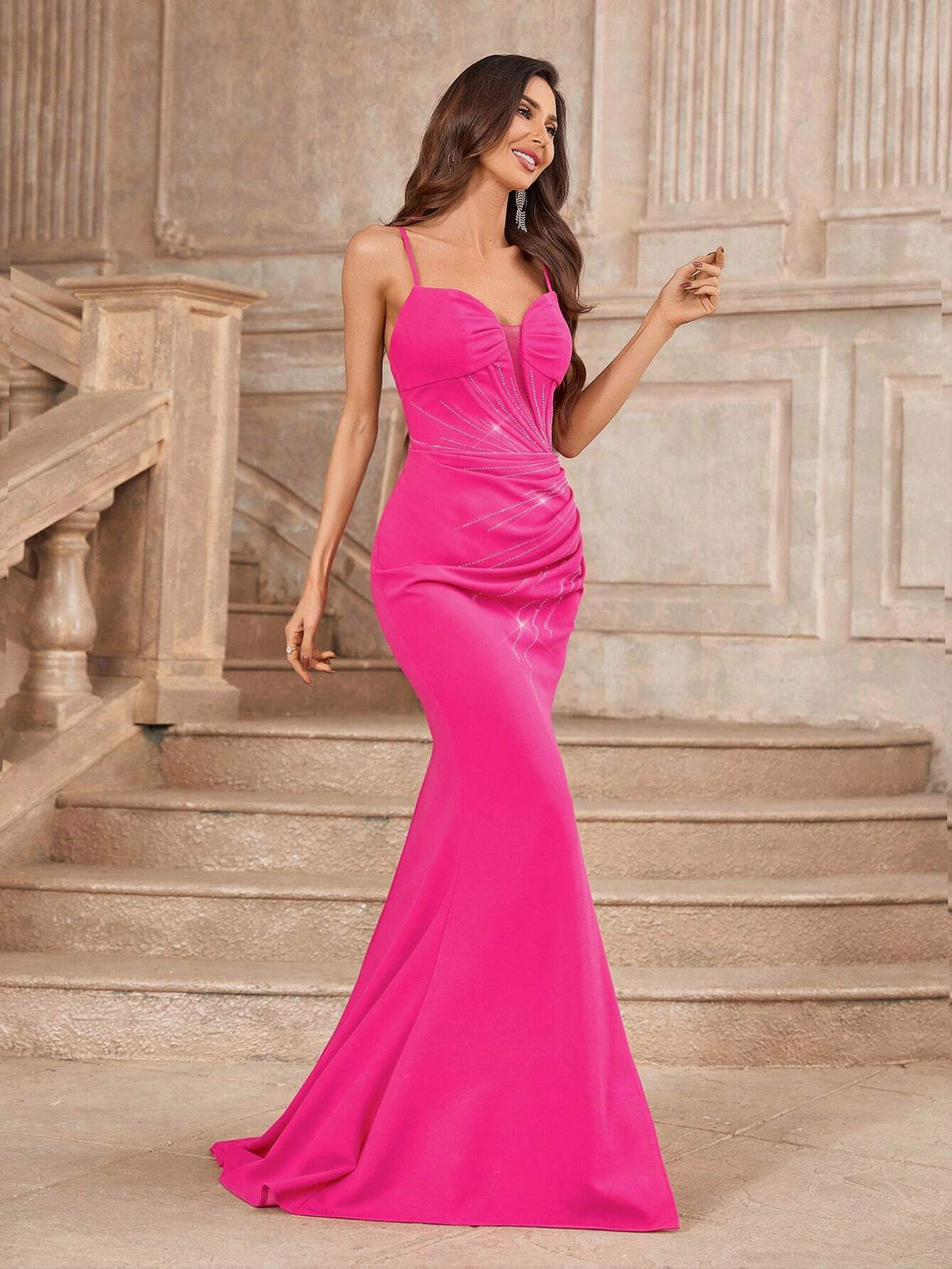 Gorgeous Rhinestone Shoulder Strap V-Neck Cup Mermaid Fishtail Dress With Slit, Ruched Hemline For Evening Party