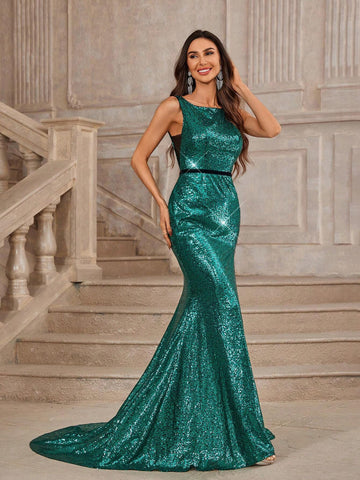 Gorgeous Sequined High Slit Mermaid Evening Dress