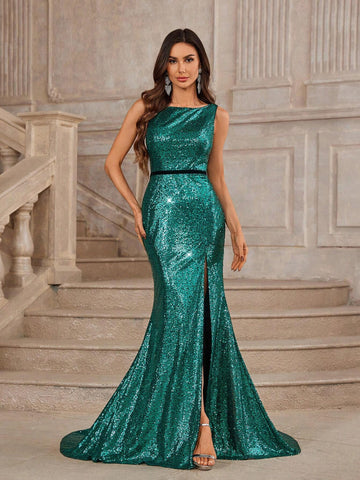 Gorgeous Sequined High Slit Mermaid Evening Dress