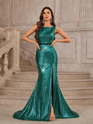 Gorgeous Sequined High Slit Mermaid Evening Dress