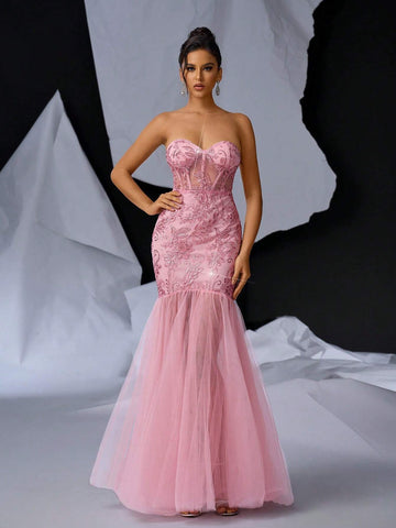 Gorgeous Sexy Strapless Lace Mermaid Evening Dress With Back Tie And Lace Hem