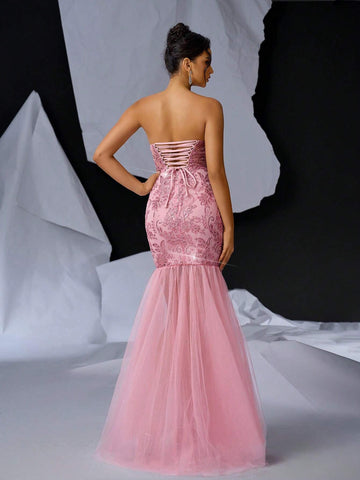 Gorgeous Sexy Strapless Lace Mermaid Evening Dress With Back Tie And Lace Hem