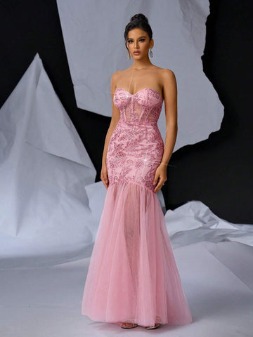 Gorgeous Sexy Strapless Lace Mermaid Evening Dress With Back Tie And Lace Hem