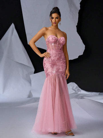 Gorgeous Sexy Strapless Lace Mermaid Evening Dress With Back Tie And Lace Hem