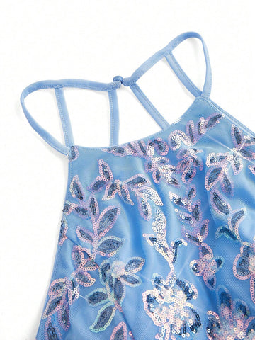 Gorgeous & Elegant Blue Luxurious Glitter Positioning Round Neck Off-Shoulde Cathered High Slits Tight Fishtail Hem Perfect For GraduationMother's Day, Music Festival, Ramadan Season Wedding Quarter Holiday Women's Heavy Industry Evening Dress