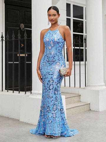 Gorgeous & Elegant Blue Luxurious Glitter Positioning Round Neck Off-Shoulde Cathered High Slits Tight Fishtail Hem Perfect For GraduationMother's Day, Music Festival, Ramadan Season Wedding Quarter Holiday Women's Heavy Industry Evening Dress