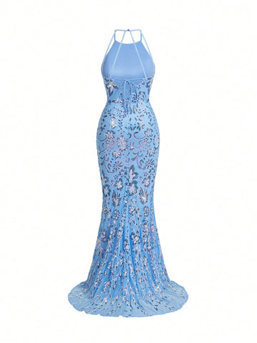 Gorgeous & Elegant Blue Luxurious Glitter Positioning Round Neck Off-Shoulde Cathered High Slits Tight Fishtail Hem Perfect For GraduationMother's Day, Music Festival, Ramadan Season Wedding Quarter Holiday Women's Heavy Industry Evening Dress