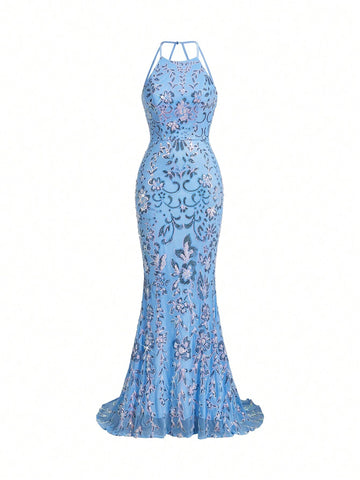 Gorgeous & Elegant Blue Luxurious Glitter Positioning Round Neck Off-Shoulde Cathered High Slits Tight Fishtail Hem Perfect For GraduationMother's Day, Music Festival, Ramadan Season Wedding Quarter Holiday Women's Heavy Industry Evening Dress