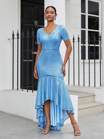 Gorgeous & Elegant & Noble Blue Luxury Sparkly Sequins Fabric Deep V-Neck Women's Heavy Industry Evening Dress Evening Party Dress