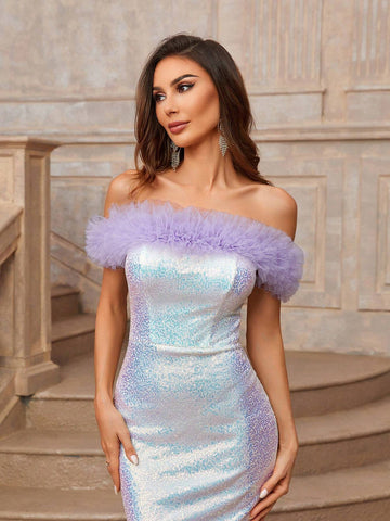Grace Gorgeous Luxurious Purple Mermaid Color Fine Glitter Fabric FishtailGraduation Season, Mother's Day, Music Festival, Valentine's Day, Ramadan Dinner And Dance Ladies Formal Evening Dress Eid Dress Prom Dress Homecoming Dresses