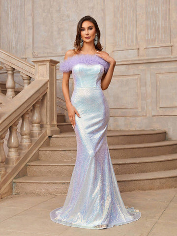 Grace Gorgeous Luxurious Purple Mermaid Color Fine Glitter Fabric FishtailGraduation Season, Mother's Day, Music Festival, Valentine's Day, Ramadan Dinner And Dance Ladies Formal Evening Dress Eid Dress Prom Dress Homecoming Dresses