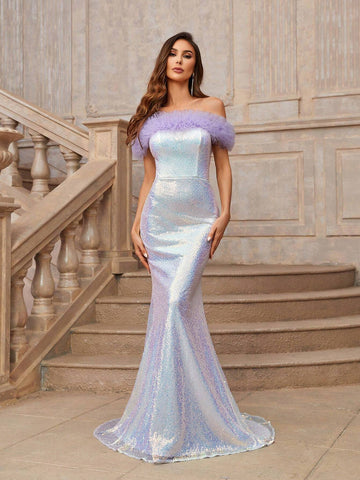 Grace Gorgeous Luxurious Purple Mermaid Color Fine Glitter Fabric FishtailGraduation Season, Mother's Day, Music Festival, Valentine's Day, Ramadan Dinner And Dance Ladies Formal Evening Dress Eid Dress Prom Dress Homecoming Dresses