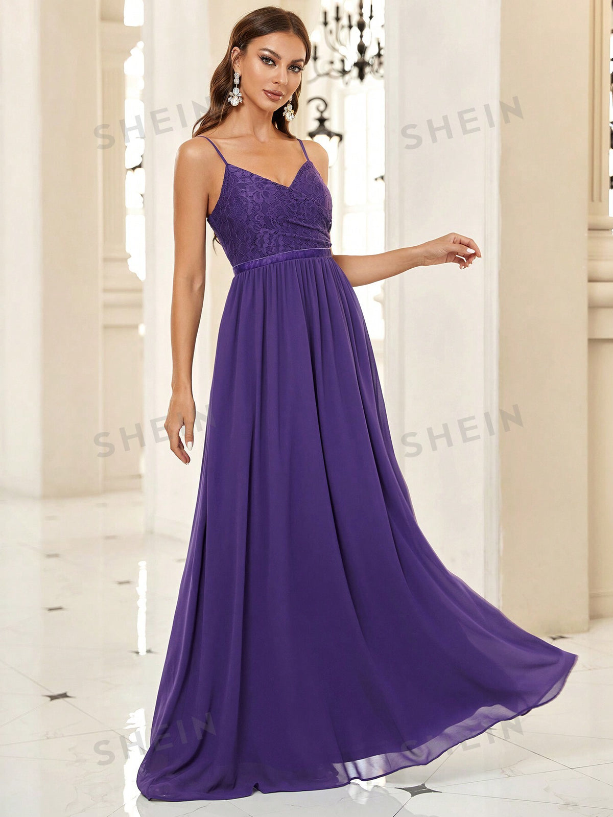 Guipure Lace Insert Chiffon Bridesmaid Dress