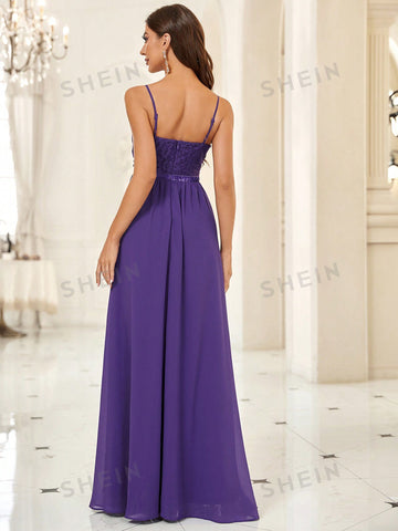 Guipure Lace Insert Chiffon Bridesmaid Dress