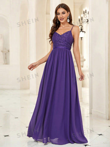 Guipure Lace Insert Chiffon Bridesmaid Dress
