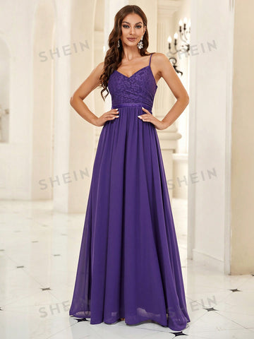 Guipure Lace Insert Chiffon Bridesmaid Dress