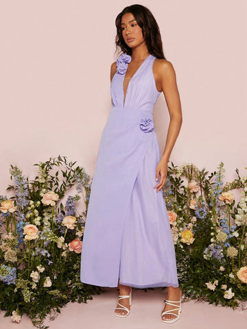 Halter Neck Appliques Wrap Hem Bridesmaid Dress