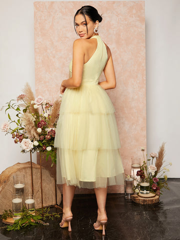 Halter Neck Layered Hem Mesh Bridesmaid Dress
