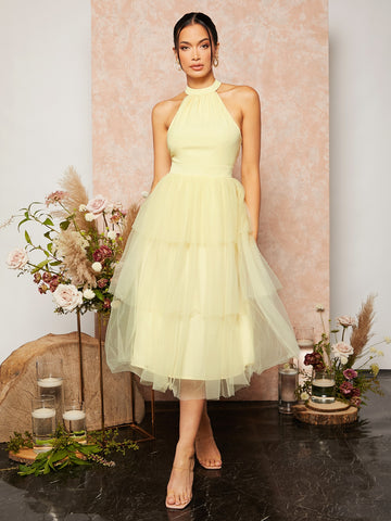 Halter Neck Layered Hem Mesh Bridesmaid Dress