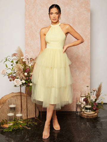 Halter Neck Layered Hem Mesh Bridesmaid Dress