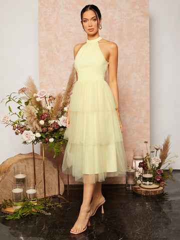 Halter Neck Layered Hem Mesh Bridesmaid Dress