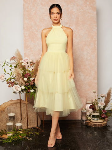 Halter Neck Layered Hem Mesh Bridesmaid Dress