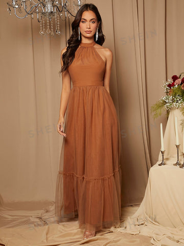 Halter Neck Mesh Overlay Bridesmaid Dress