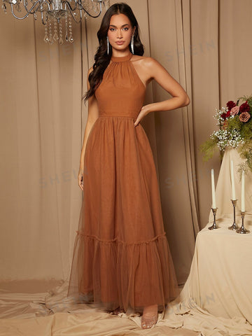 Halter Neck Mesh Overlay Bridesmaid Dress