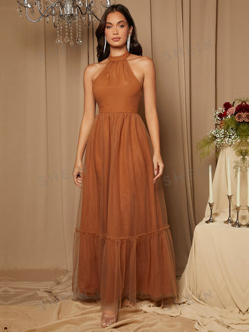 Halter Neck Mesh Overlay Bridesmaid Dress