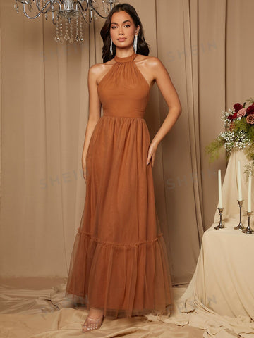 Halter Neck Mesh Overlay Bridesmaid Dress