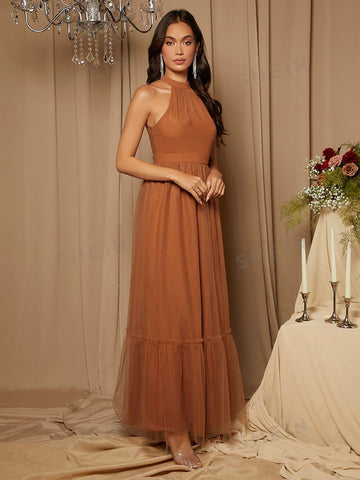 Halter Neck Mesh Overlay Bridesmaid Dress