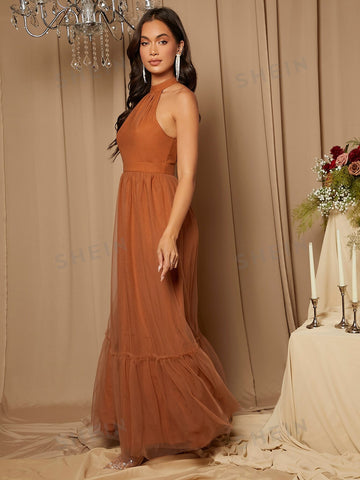 Halter Neck Mesh Overlay Bridesmaid Dress