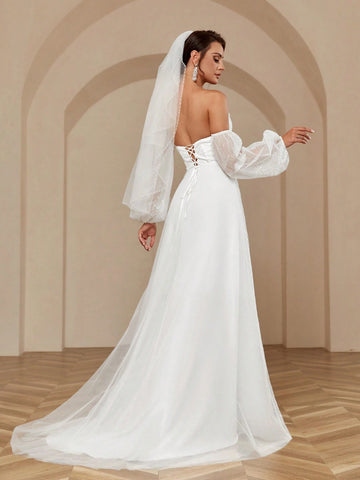 Heavy Beaded Work, Horn-Like Chest Design, Extra Long Train, Accommodating Straps, Dreamy Fairy-Like And Sexy Wedding Dress