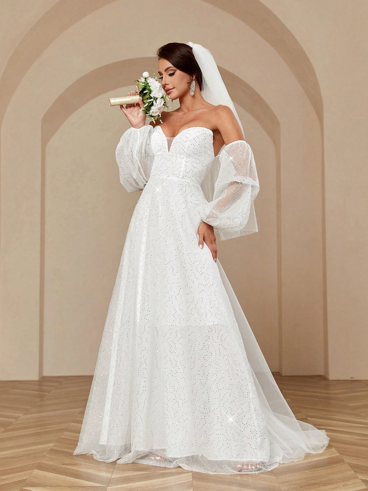 Heavy Beaded Work, Horn-Like Chest Design, Extra Long Train, Accommodating Straps, Dreamy Fairy-Like And Sexy Wedding Dress