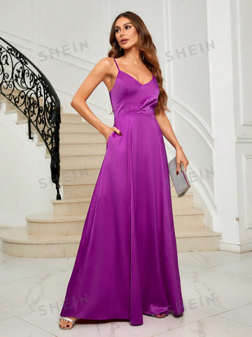 Hidden Pocket Satin Cami Bridesmaid Dress