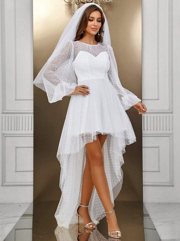 High Low Hem Mesh Wedding Dress Without Cami Dress