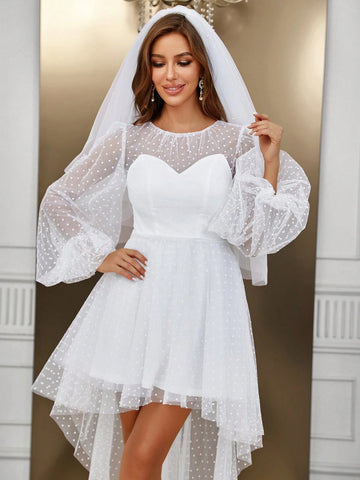 High Low Hem Mesh Wedding Dress Without Cami Dress