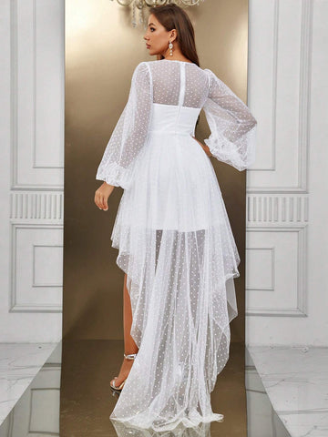 High Low Hem Mesh Wedding Dress Without Cami Dress