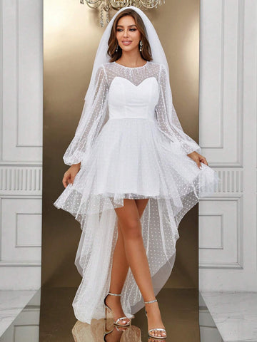 High Low Hem Mesh Wedding Dress Without Cami Dress