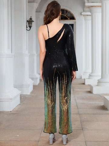 Irregular Shoulder Hollow Out Shiny Jumpsuit