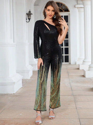 Irregular Shoulder Hollow Out Shiny Jumpsuit