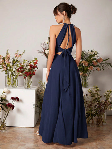 Keyhole Front Tie Backless Split Thigh Chiffon Bridesmaid Dress