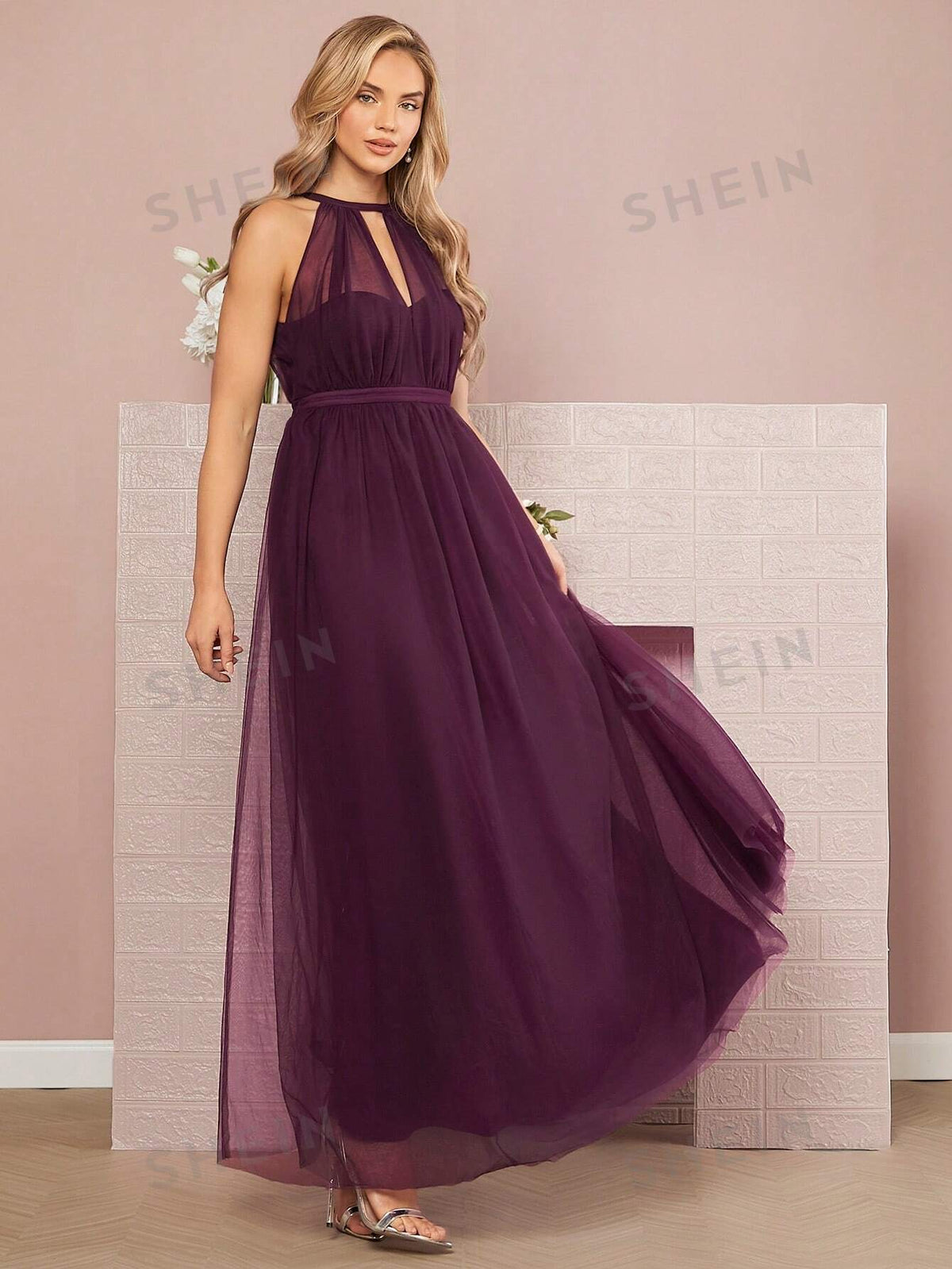 Keyhole Neckline Mesh Overlay Bridesmaid Dress