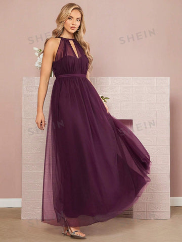 Keyhole Neckline Mesh Overlay Bridesmaid Dress