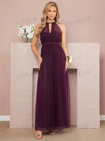 Keyhole Neckline Mesh Overlay Bridesmaid Dress