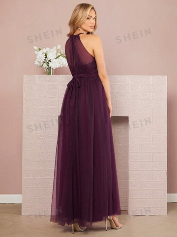Keyhole Neckline Mesh Overlay Bridesmaid Dress