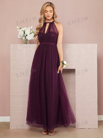 Keyhole Neckline Mesh Overlay Bridesmaid Dress