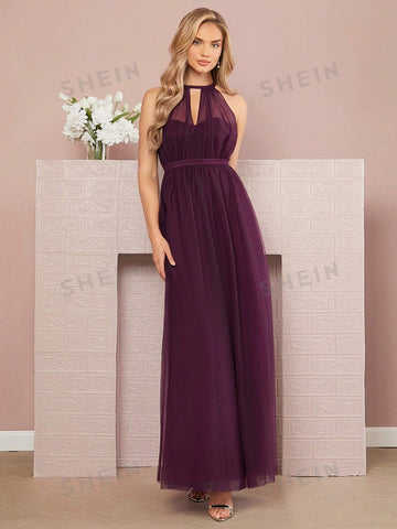 Keyhole Neckline Mesh Overlay Bridesmaid Dress